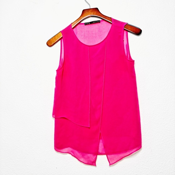 Zara Basic asymmetrical sleeveless chiffon hot pink blouse top size small - Picture 2 of 8
